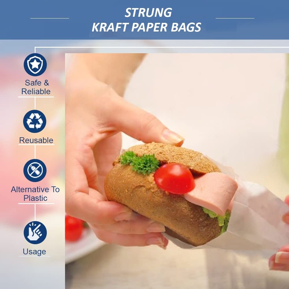 Venuscello® 100 x Kraft Paper Bags 7" x 7" Sulphite Strung White Food Bag for Sandwich Candy Cookies & Grocery