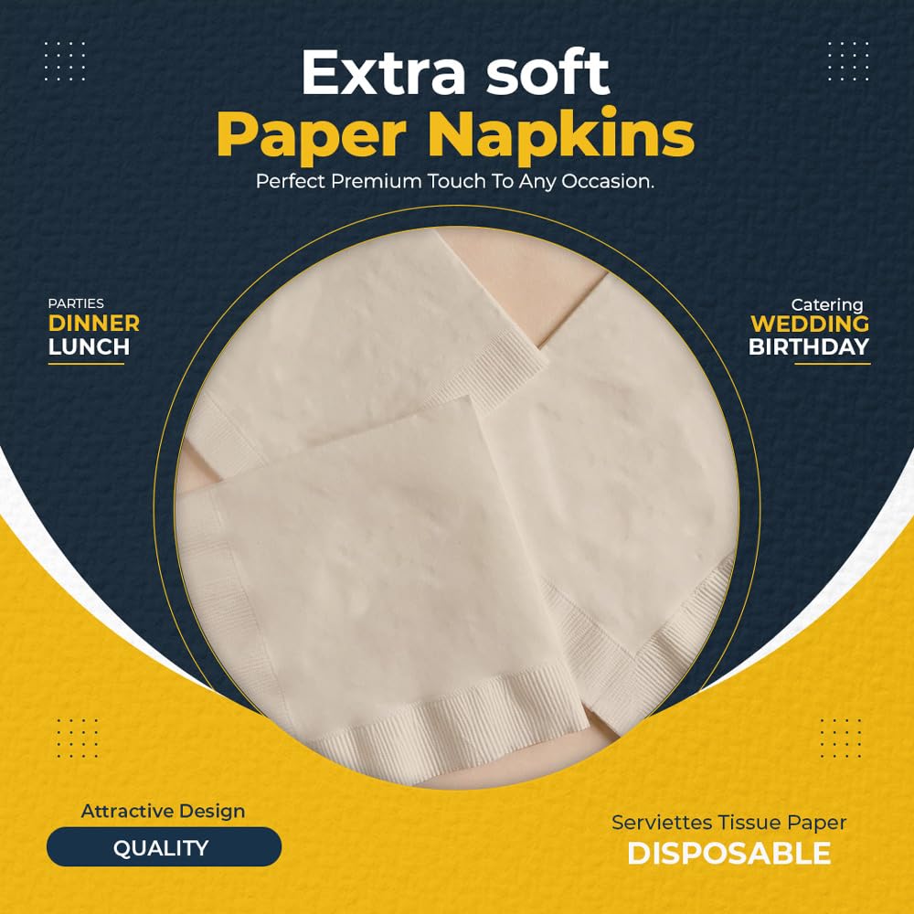 Venuscello 100 Pack Cream Paper Napkins 2-Ply 33cm Disposable Table Napkins - Soft and Strong Paper Serviettes for All Occasions - Everyday Tissues for Cleaning Spills & Wiping Surfaces