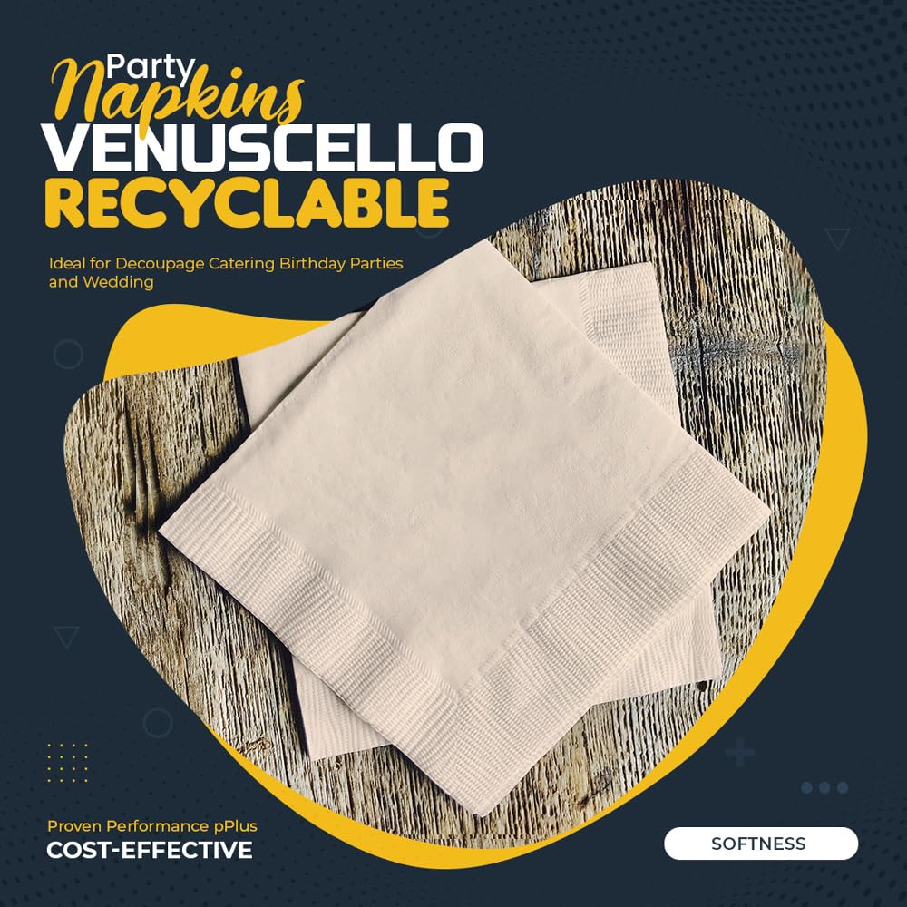 Venuscello 100 Pack Cream Paper Napkins 2-Ply 33cm Disposable Table Napkins - Soft and Strong Paper Serviettes for All Occasions - Everyday Tissues for Cleaning Spills & Wiping Surfaces