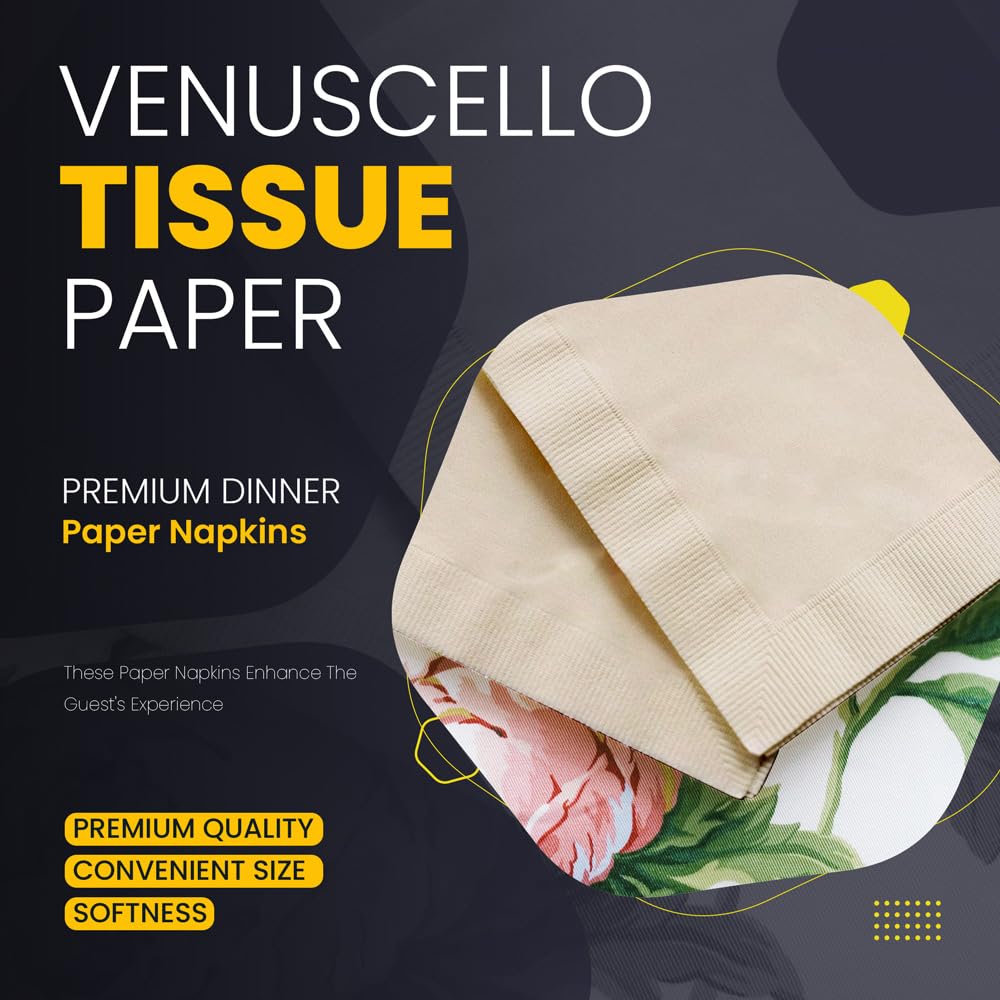 Venuscello 100 Pack Cream Paper Napkins 2-Ply 33cm Disposable Table Napkins - Soft and Strong Paper Serviettes for All Occasions - Everyday Tissues for Cleaning Spills & Wiping Surfaces