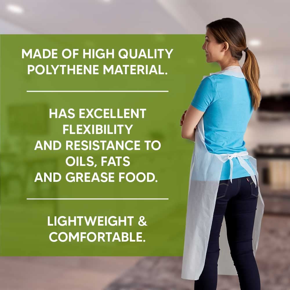 Venuscello 100 x Heavy Duty White Disposable Aprons For Adults Polythene Aprons For PPE Protection. Full Body Protective Aprons For Women & Men - 16 Microns Thick, 686 x 1170mm Long