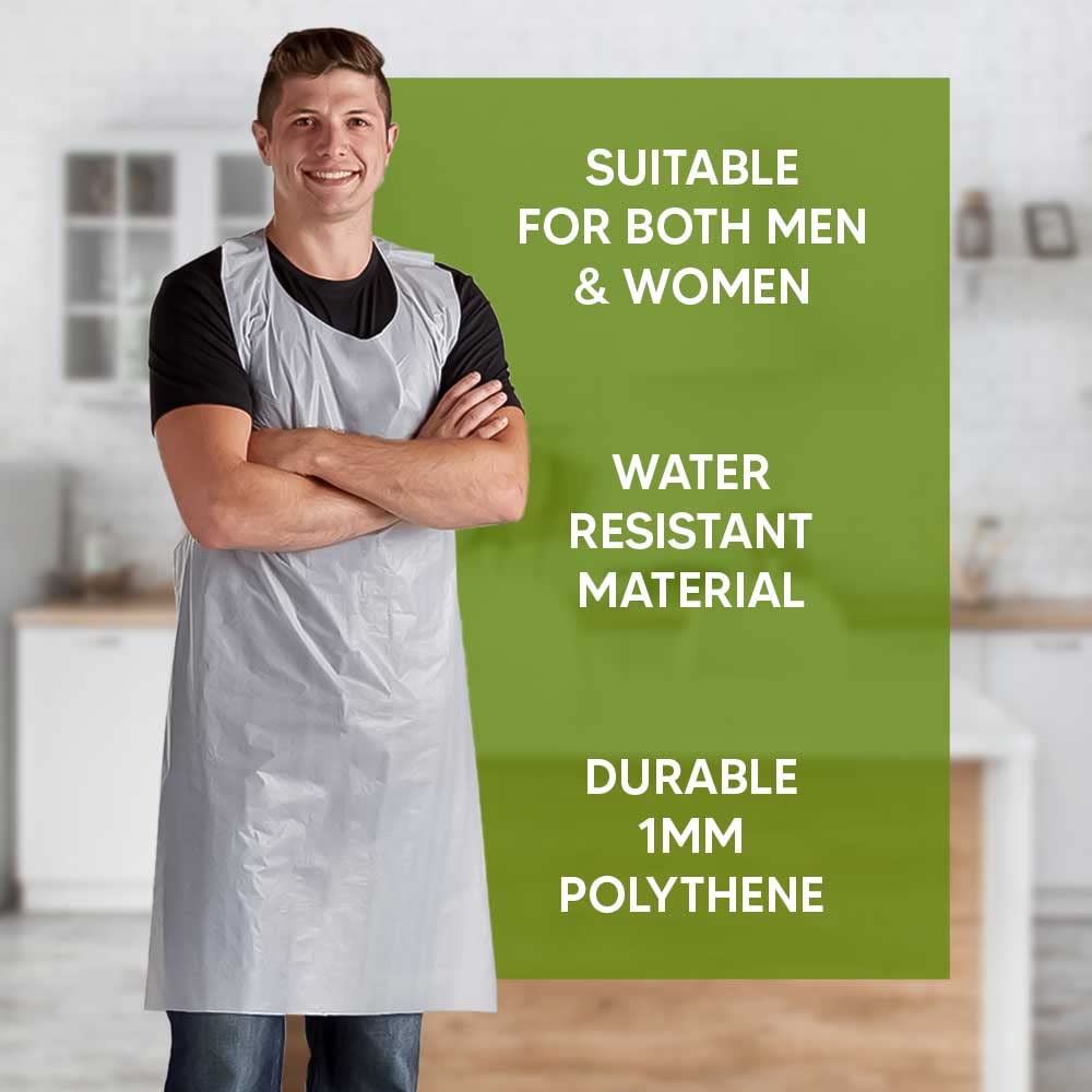 Venuscello 100 x Heavy Duty White Disposable Aprons For Adults Polythene Aprons For PPE Protection. Full Body Protective Aprons For Women & Men - 16 Microns Thick, 686 x 1170mm Long