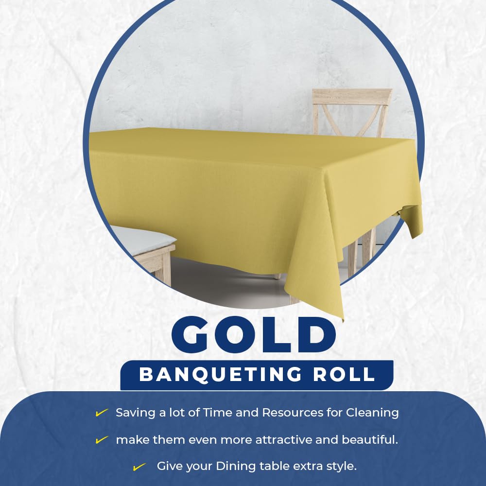 Venuscello® 8m Gold Banqueting Roll, Tablecloth, Paper Table Cover Roll for Wedding Party at Home, Buffet Dinner and Ideal Solution to Protect Dining Table