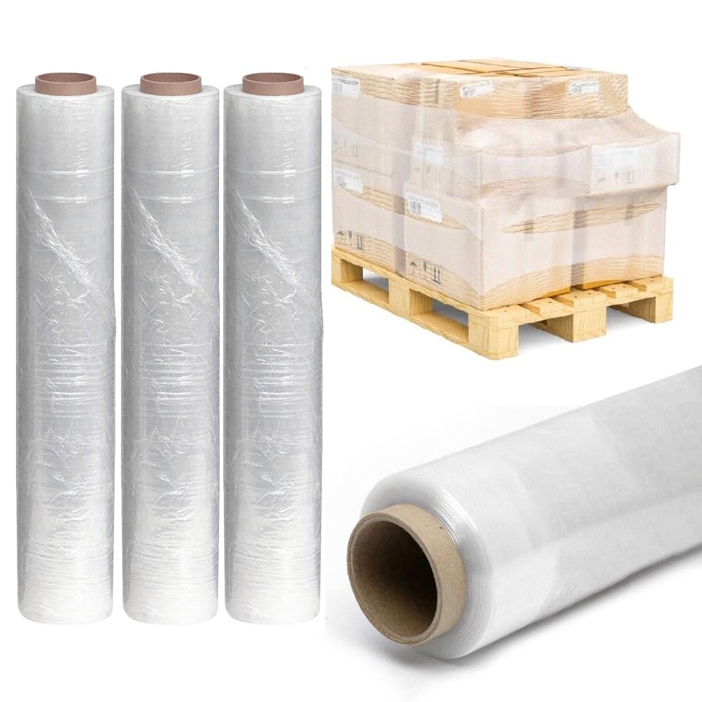 Venuscello® 3 Rolls x 400mm Pallet Wrap Clear Stretch Shrink Wrapping Roll Non Extended Core 23mu Thick, 750g Cling Film | Water Proof & Tear Resistant for Secure Industrial Packaging & House Moving