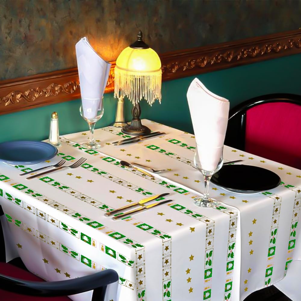 Venuscello x 25 Christmas White Printed Paper Table Covers Square Tabletop Disposable Folded Cloth to Buffet Table & Birthday Party - 90cm x 90cm