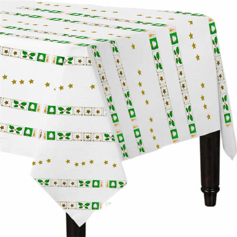 Venuscello x 25 Christmas White Printed Paper Table Covers Square Tabletop Disposable Folded Cloth to Buffet Table & Birthday Party - 90cm x 90cm