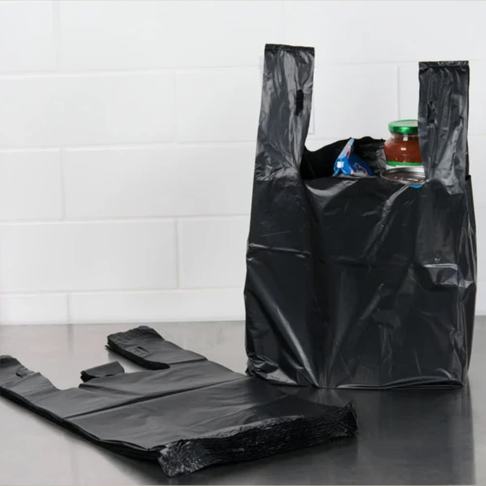 Venuscello® 500 x Vest Style Carrier Bags Black Plastic 16" x 24" x 30" Heavy Duty Carry Bags for Vegetables Fruits Groceries Shopping
