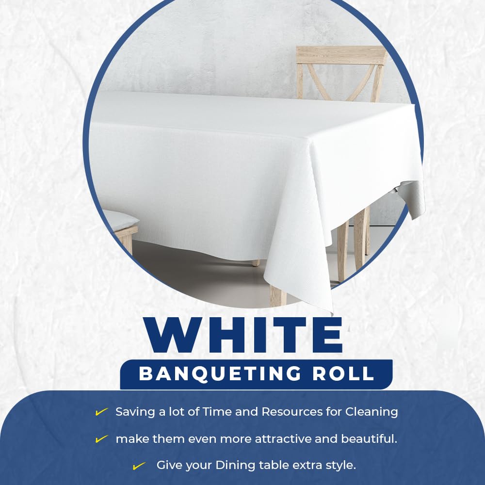 Venuscello® White Banquet Roll with Pallet Wrap Clear 400mm x 750G Table Banqueting Paper Cloth Cover for Wedding Buffet Dinner Home Large Disposable Table Protector - 25M x 1.14M