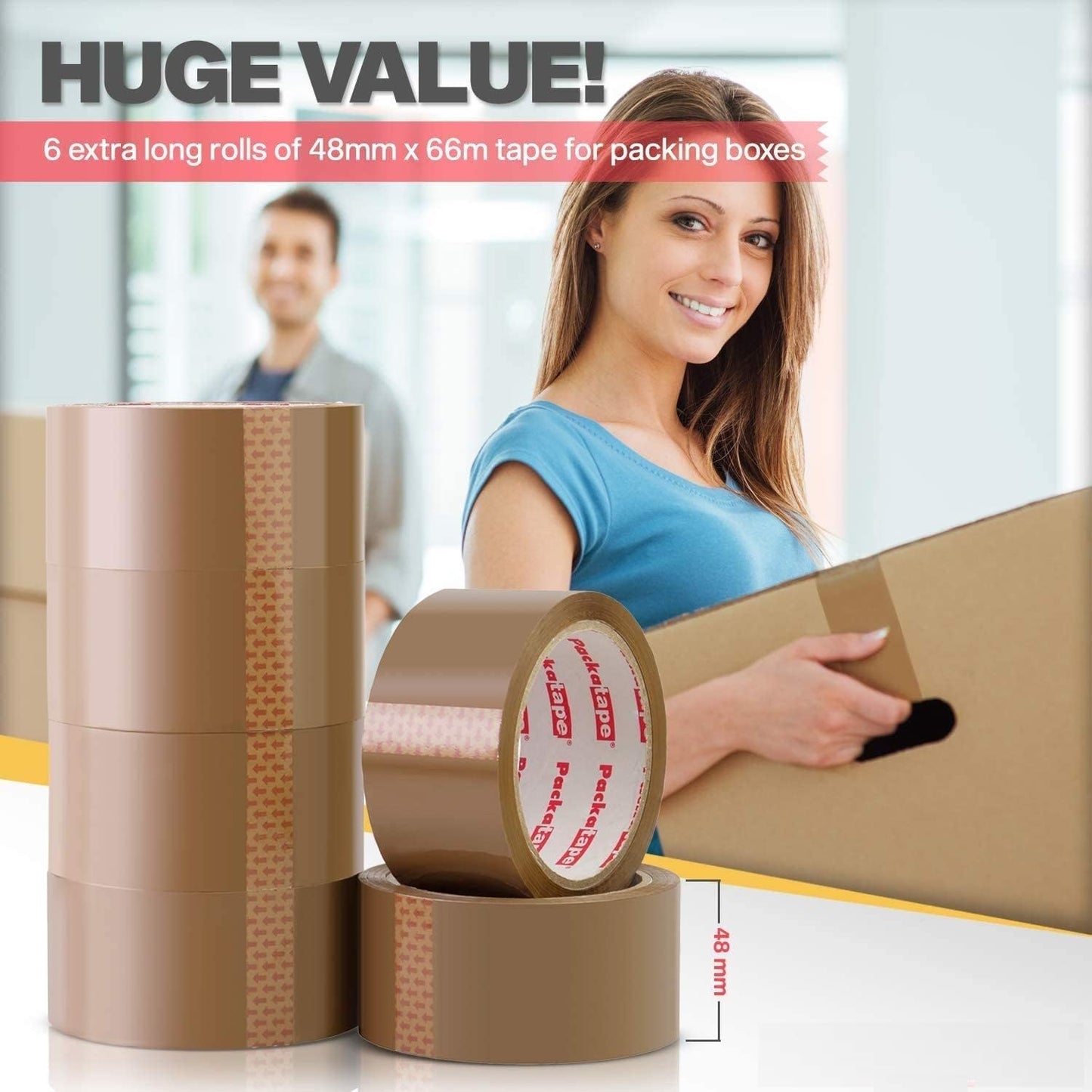 Venuscello Packing Tape - Parcel Tape - Tape - 6 & 12 Rolls with Low Noise (48mm x 40m) - Strong Heavy Duty Brown Tape for Packing Boxes, Secure Sticky Sealing Packaging Tape for Moving House