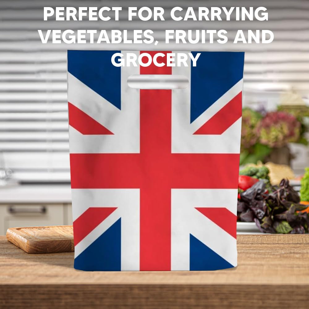 500 x Union Jack Plastic Patch Handle Carrier Bags With Handles for Fashion, Party, Boutique & Shopping