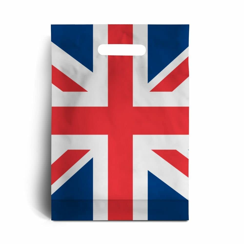 500 x Union Jack Plastic Patch Handle Carrier Bags With Handles for Fashion, Party, Boutique & Shopping