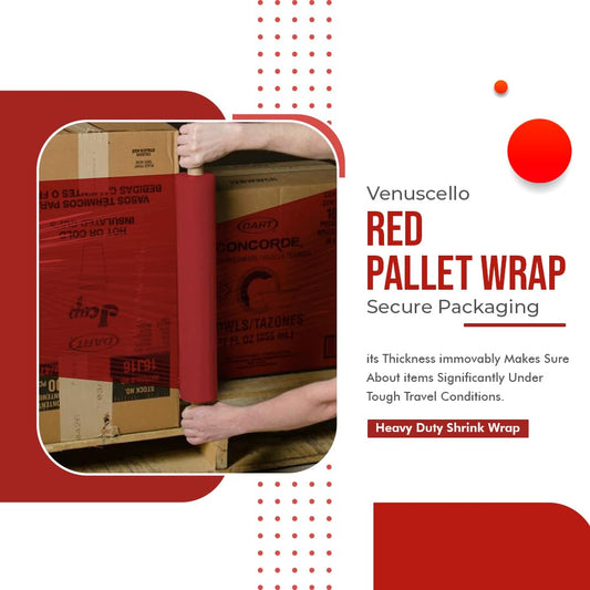 Venuscello® Pallet Stretch Wrapping Roll 400mm x 200m 20mu Red Extended Core Heavy Duty Shrink Wrap for Secure Packaging & Moving