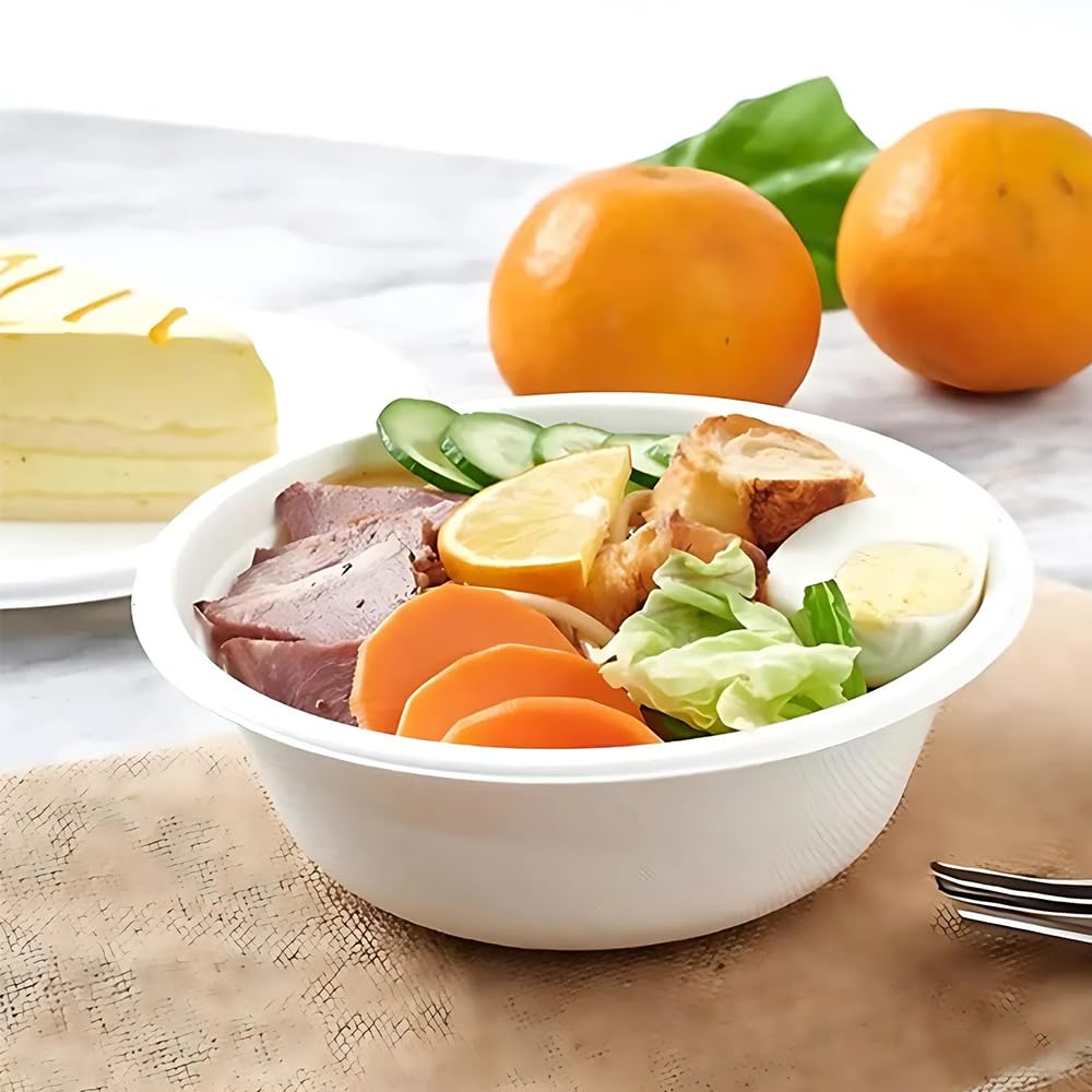 Venuscello White Round 350 ml (12oz) Bagasse Bowls Biodegradable Sugarcane Soup Bowls, Compostable Dessert Bowls for Parties Events, and Everyday Use
