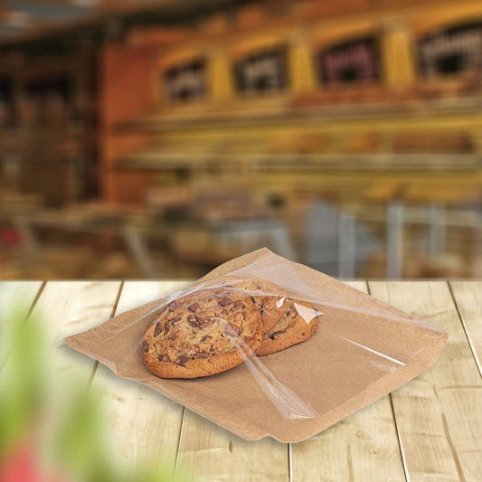 Venuscello® Brown Film Front Cellophane Paper Clear Window Bag for Sandwich, Cake, Cookies, Dessert, Chocolate, Sweets & Other Foods