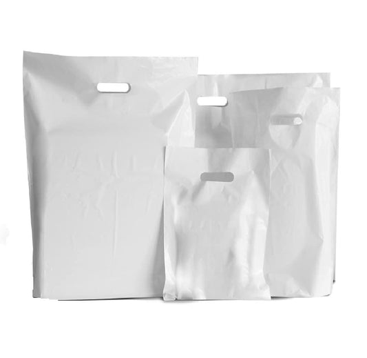 Venuscello® Patch Handle Plastic White Poly Die Cut Carrier Bags for Carry Vegetables, Cloths, Grocery and Shopping - 22" x 18" x 3", 18 Micron