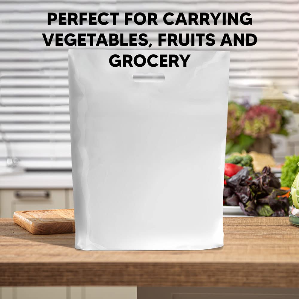 Venuscello® Patch Handle Plastic White Poly Die Cut Carrier Bags for Carry Vegetables, Cloths, Grocery and Shopping - 22" x 18" x 3", 18 Micron