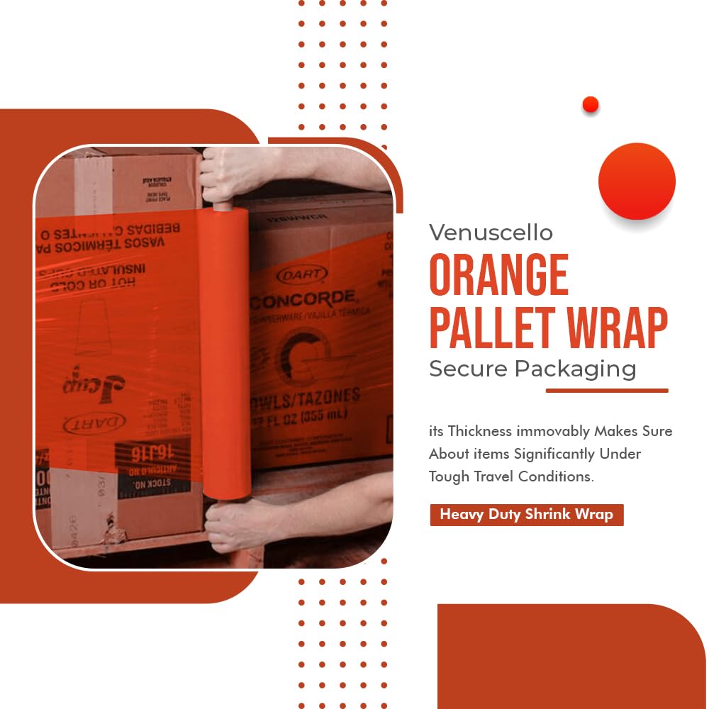 Venuscello 400mm Pallet Wrap Orange Stretch Shrink Wrapping Roll | Extended Core 25mu Thick, 200m Cling Film | Water Proof & Tear Resistant for Secure Industrial Packaging & House Moving