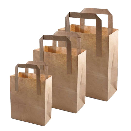 Venuscello® Brown Food Takeaway Kraft Paper Carrier Bags with Flat Handles Use for Bar Restaurants Grocery Picnic Shopping Party Jewellery