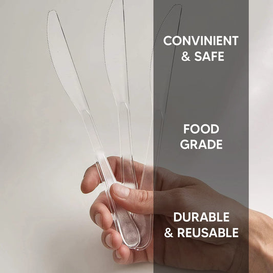 Venuscello Tithe Clear Heavy Duty Plastic Cutlery Set Washable Reusable Ideal for Party | Kid's Parties | Buffets | Picnics | BBQ's | Weddings | Camping with food grade knives.
