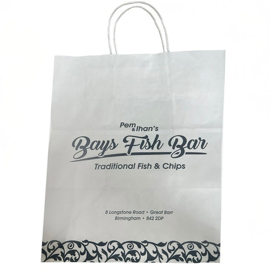 Twisted Handle Bags White Bays Fish Bar Printed Shopping Bags 26cm x 29cm x 15cm