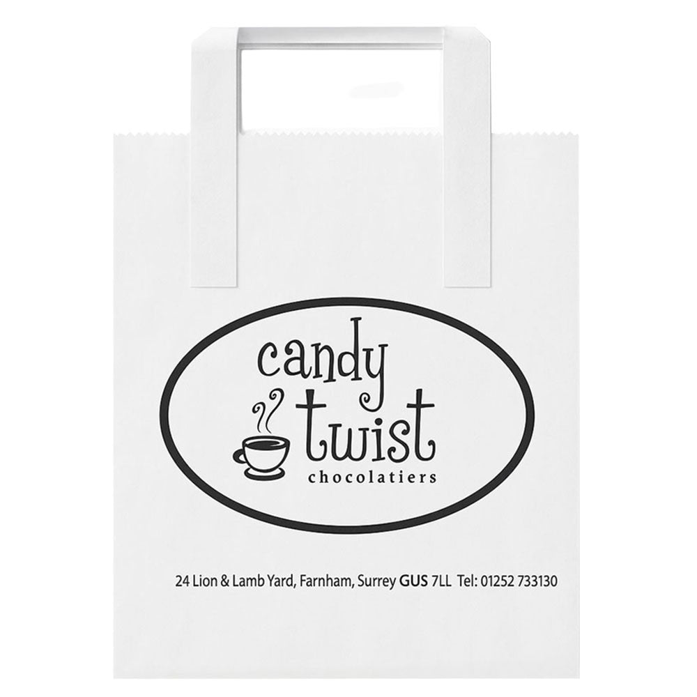 250 x Rope Handle Bags White Candy Twist Printed Carrier Bags 17cm x 21cm x 9cm