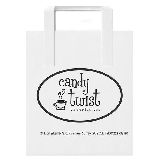 250 x Rope Handle Bags White Candy Twist Printed Carrier Bags 17cm x 21cm x 9cm
