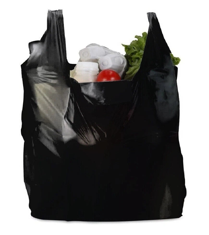 Vest Carrier Bags Reusable Black Plastic Carry Bags 11" x 17" x 21" 18mu