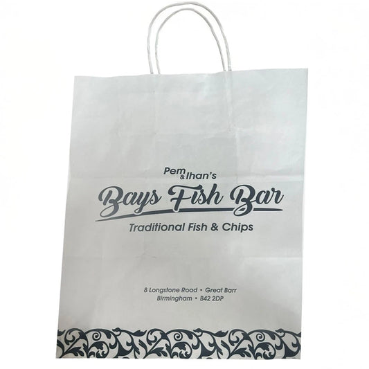 Twisted Handle Bags White Bays Fish Bar Printed Shopping Bags 26cm x 29cm x 15cm