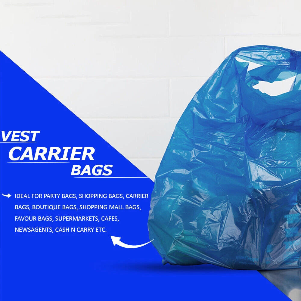 Vest Carrier Bags Reusable Blue Plastic Carry Bags 16" x 24" x 30" 18mu