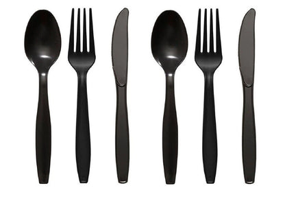 Plastic Cutlery Set Black Heavy Duty Reusable Spoons Forks Knives Mix Tithe