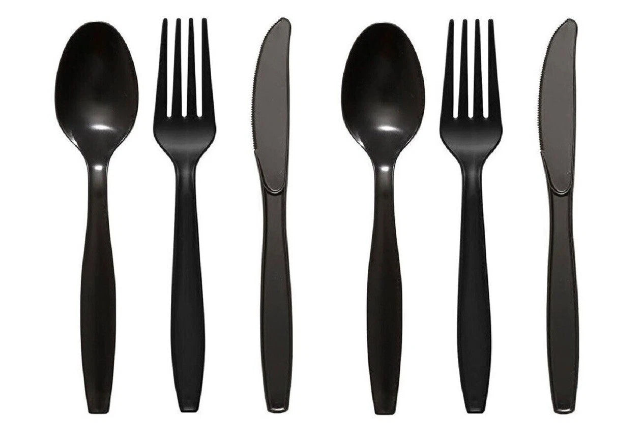 Heavy Duty Reusable Spoons Forks Knives Black Plastic Cutlery Set for Catering