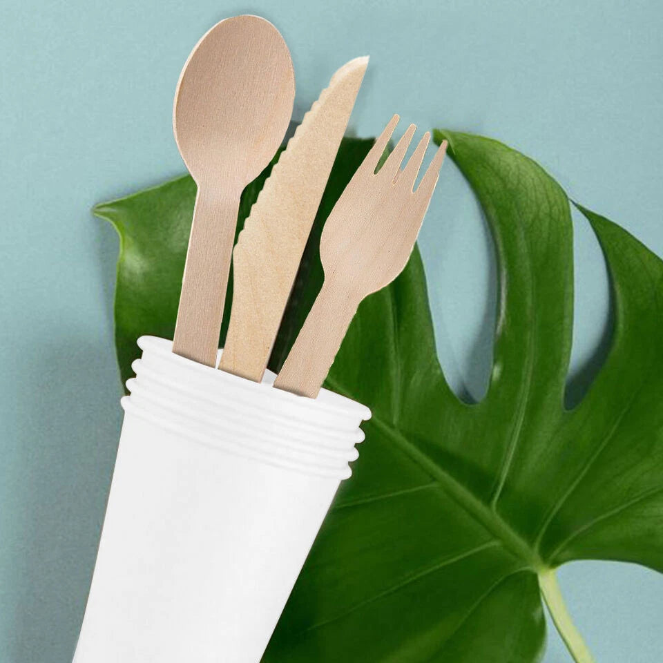 Tithe Wooden Cutlery Set 6 1 Knife Fork Spoon White Napkin Salt & Pepper Pack