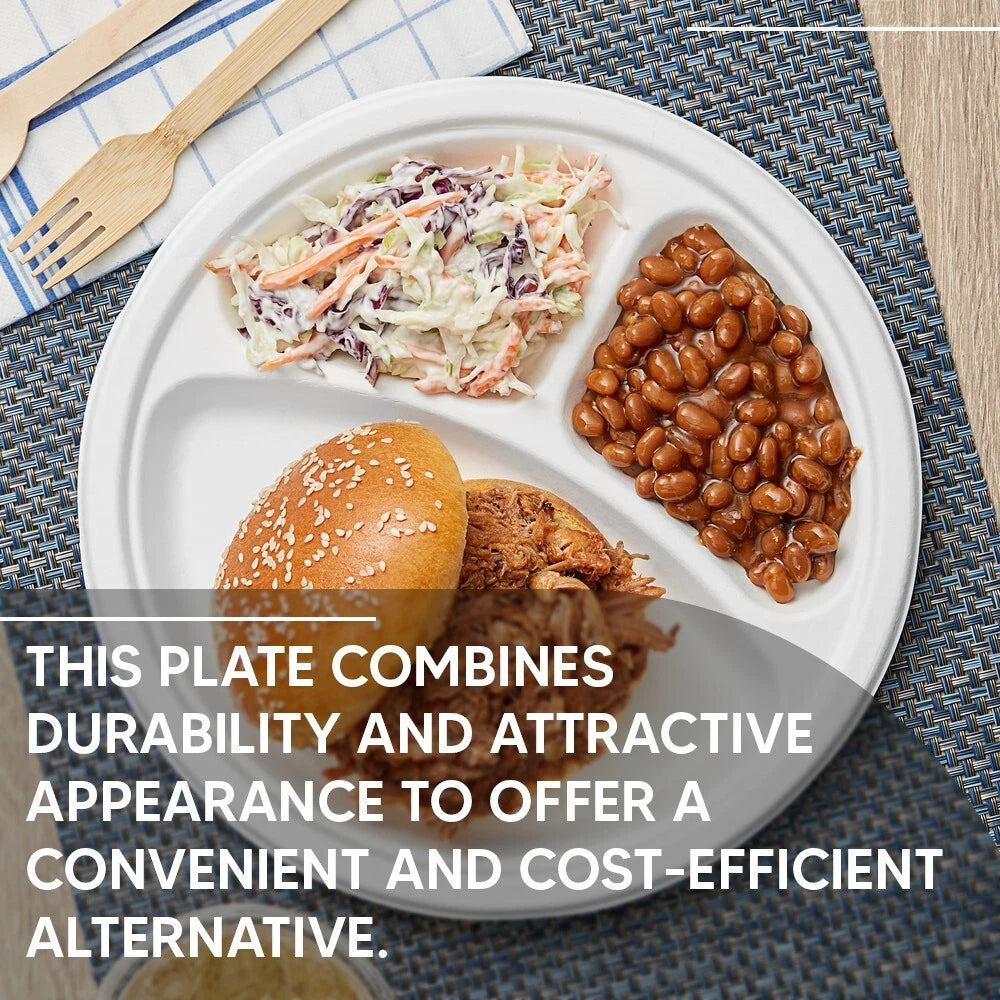 100 x Bagasse Section Plates 10" (26cm) Biodegradable White Compartment Plate