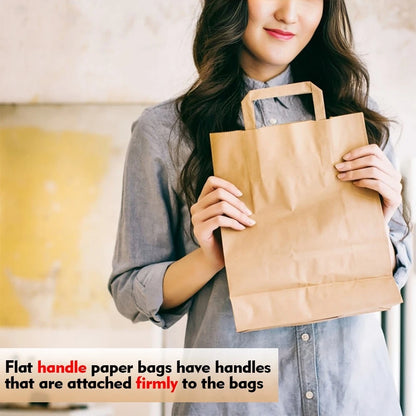 500 x Flat Handle Paper Bags Brown Kraft Carrier Takeaway Bags 8.5" x 10" x 4.3"