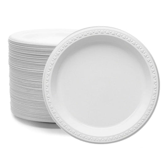 White Plastic Plates Reusable Dishes for Catering Supply - 10" (26cm)