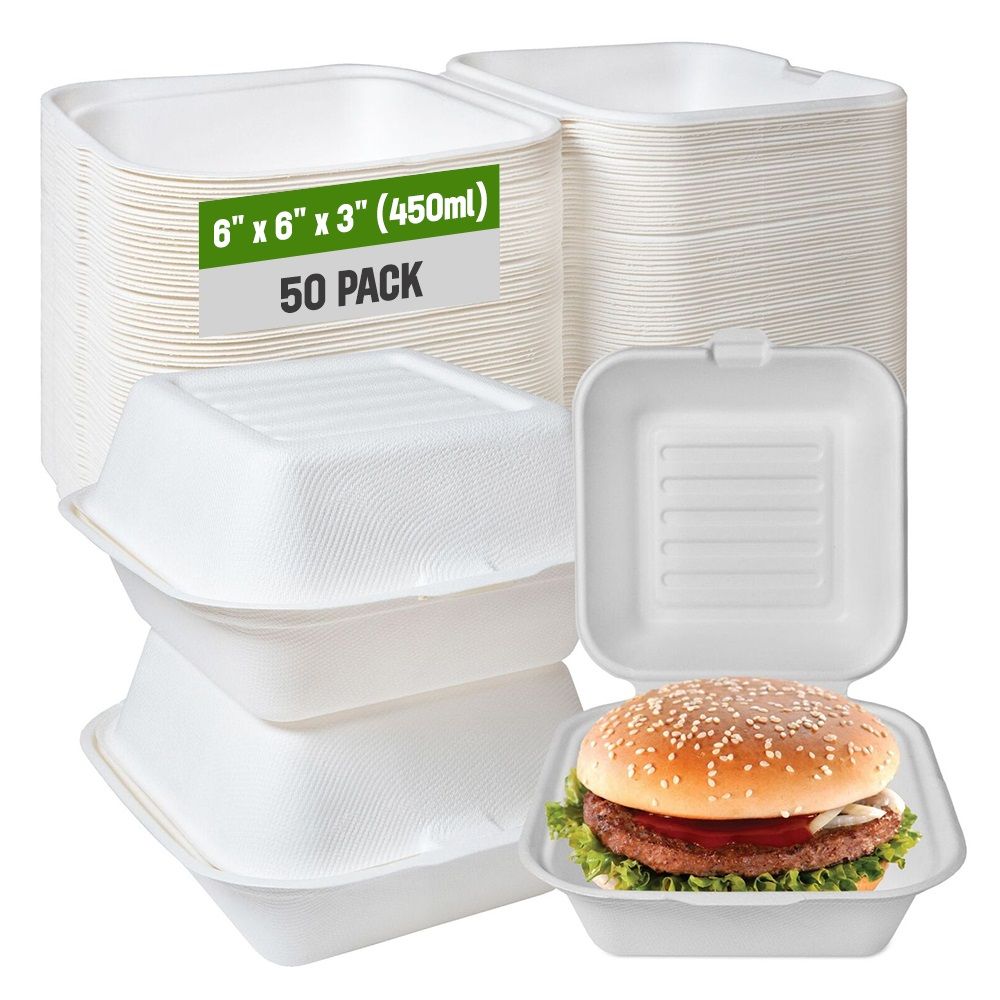 White Biodegradable Bagasse Burger Boxes - 6" (450ml)