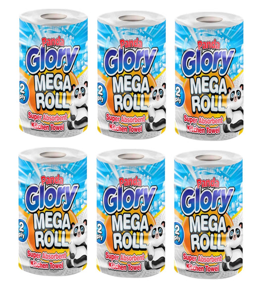 6 x Panda Glory Mega Roll Super Absorbent Kitchen Towel Roll 2Ply White Embossed Roll