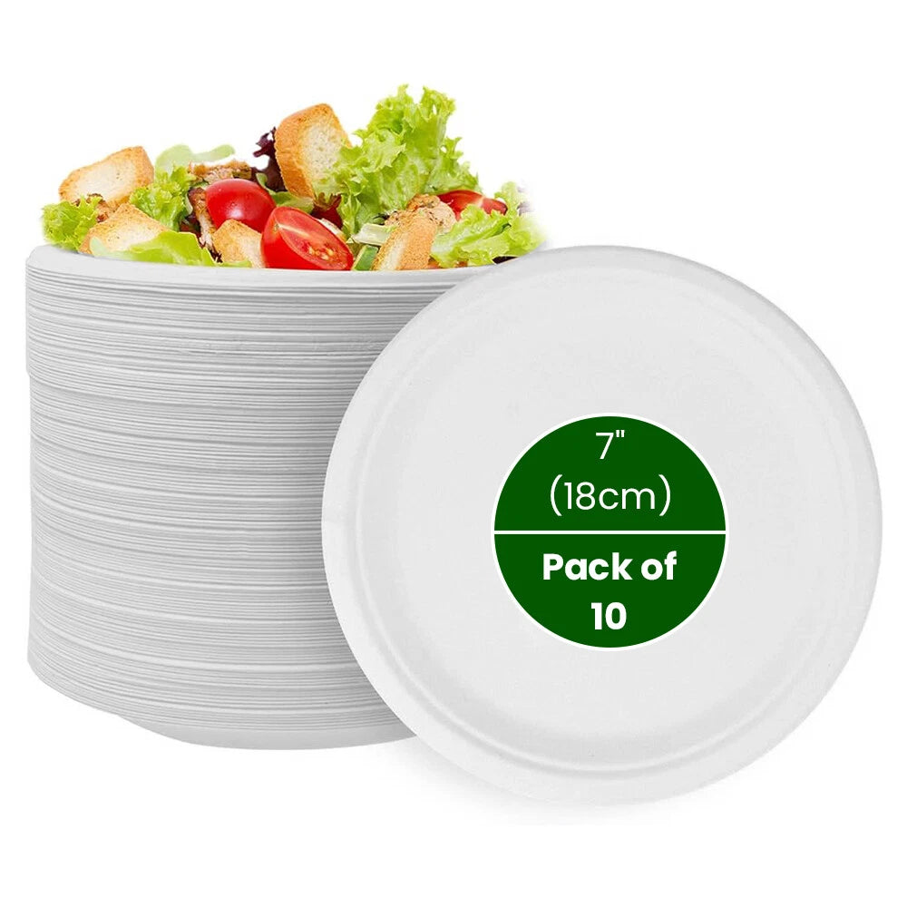 Bagasse Paper Plates 7 / 9 / 10 Inch White Biodegradable Sugarcane Fiber Dishes