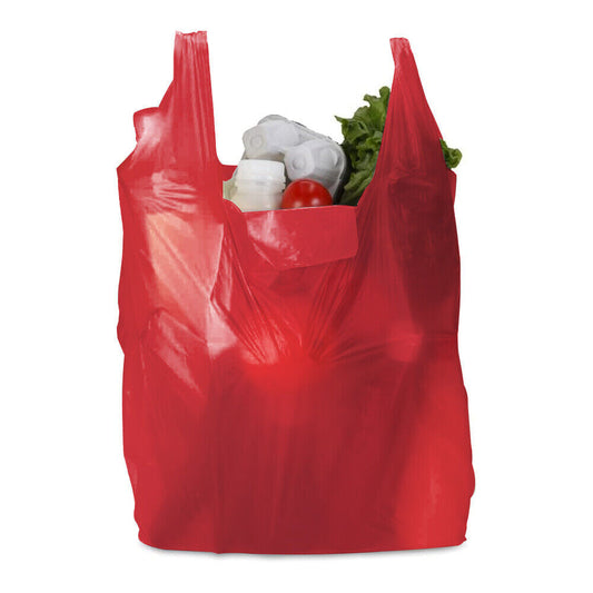 Plastic Vest Style Carrier Bags 11" x 17" x 21" 18mu Red Reusable Carry Bag