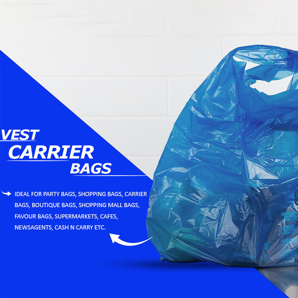 Plastic Vest Style Carrier Bags 11" x 17" x 21" 14mu Blue Reusable Carry Bag