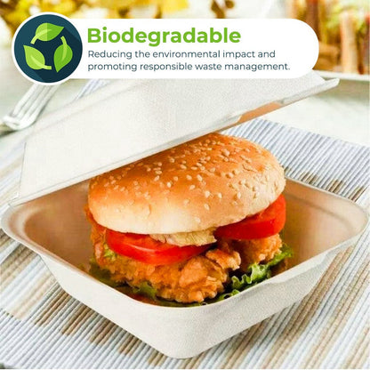 500 x Burger Boxes 6" (450ml) Biodegradable Bagasse Takeaway Container
