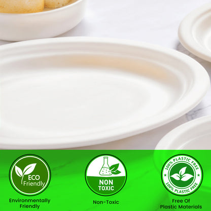 1000 x Bagasse Paper Plates 7 / 9 / 10 Inch White Biodegradable Sugarcane Dishes