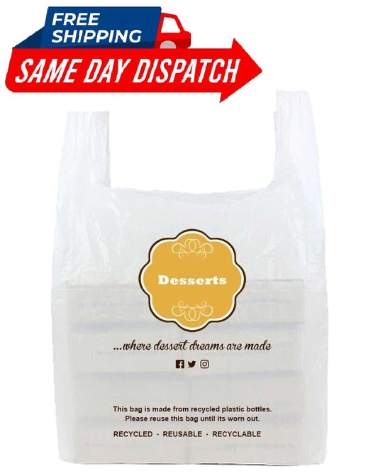 Vest Carrier Bags White Polythene Reusable Carry Bag for Desserts - 11"x17"x23"