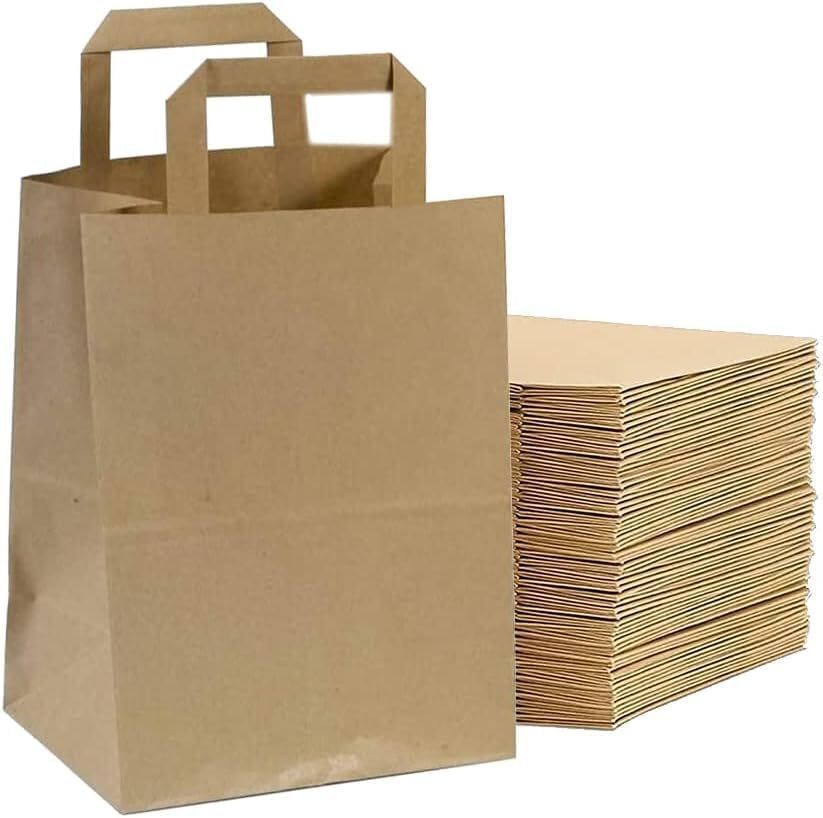Flat Handle Paper Bags S-M-L Kraft Paper Carrier Bags for Shopping Takeaway