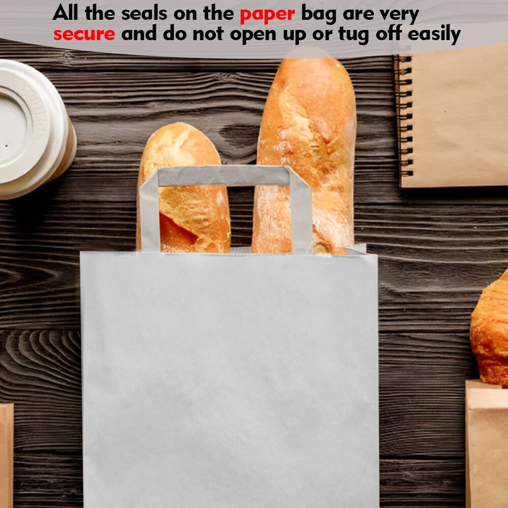 100 x Paper Carrier Bags with Flat Handle 10"x12"x5.3" White Kraft Shopping Bag