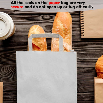100 x Paper Carrier Bags with Flat Handle 10"x12"x5.3" White Kraft Shopping Bag
