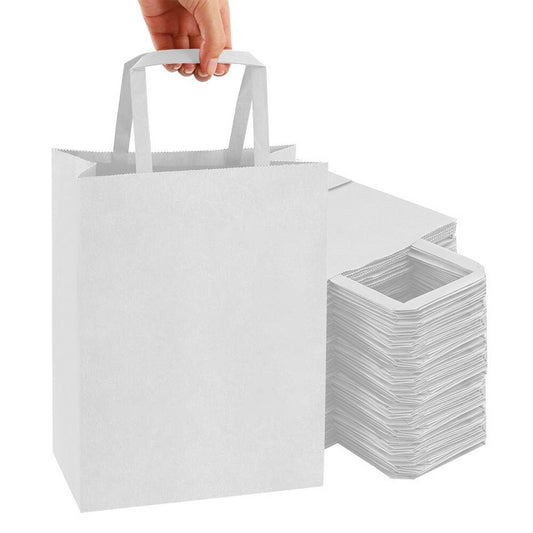 100 x Paper Carrier Bags with Flat Handle 7"x9"x3.5" White Kraft Shopping Bag