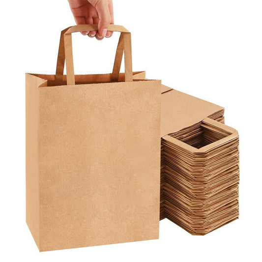 100 x Paper Carrier Bags with Flat Handle 7"x9"x3.5" Brown Kraft Shopping Bag