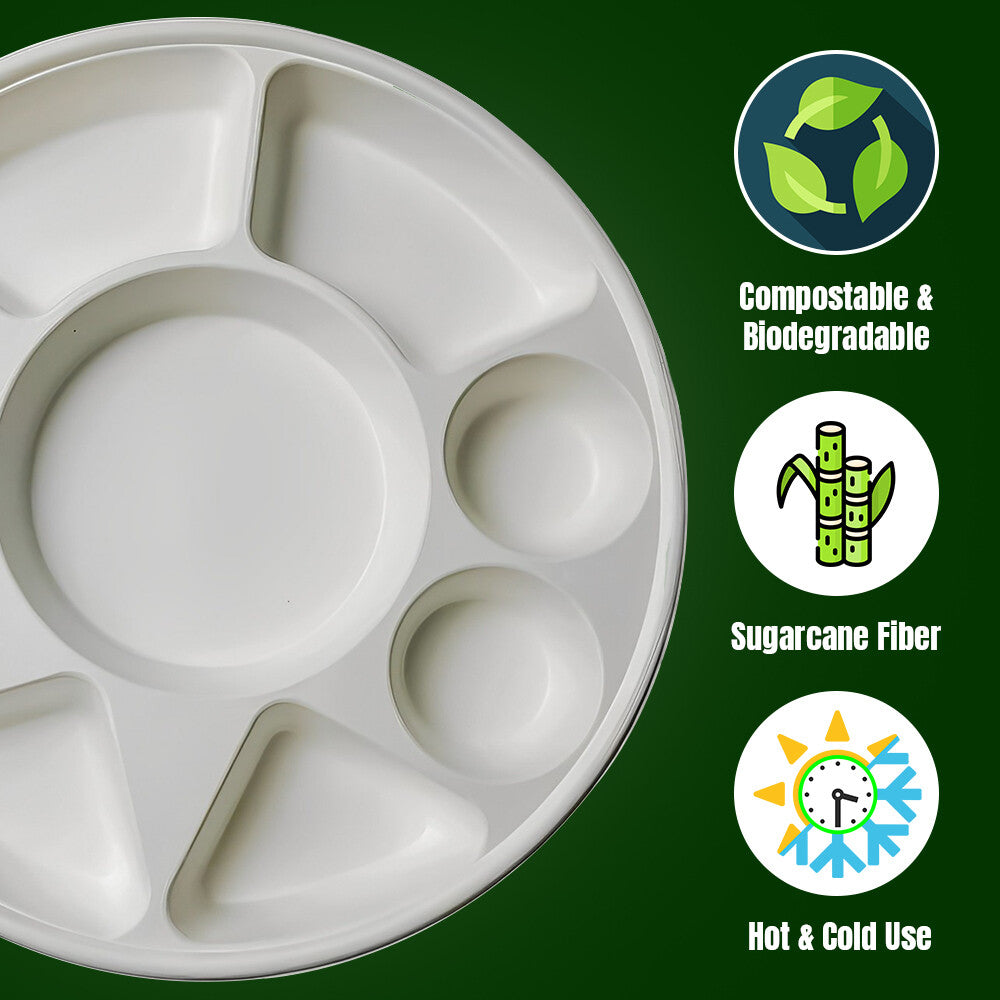Bagasse Compartment Plate 12" (30cm) Sugarcane White 9 Section Dishes
