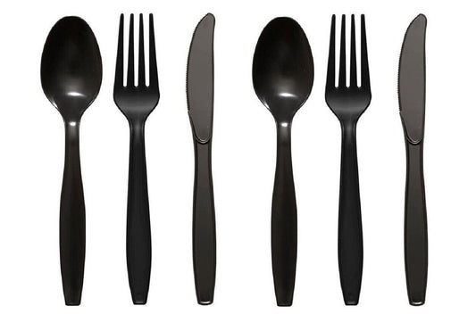 Tithe Heavy Duty Plastic Spoons Knives Forks Black Reusable Mix Cutlery Set